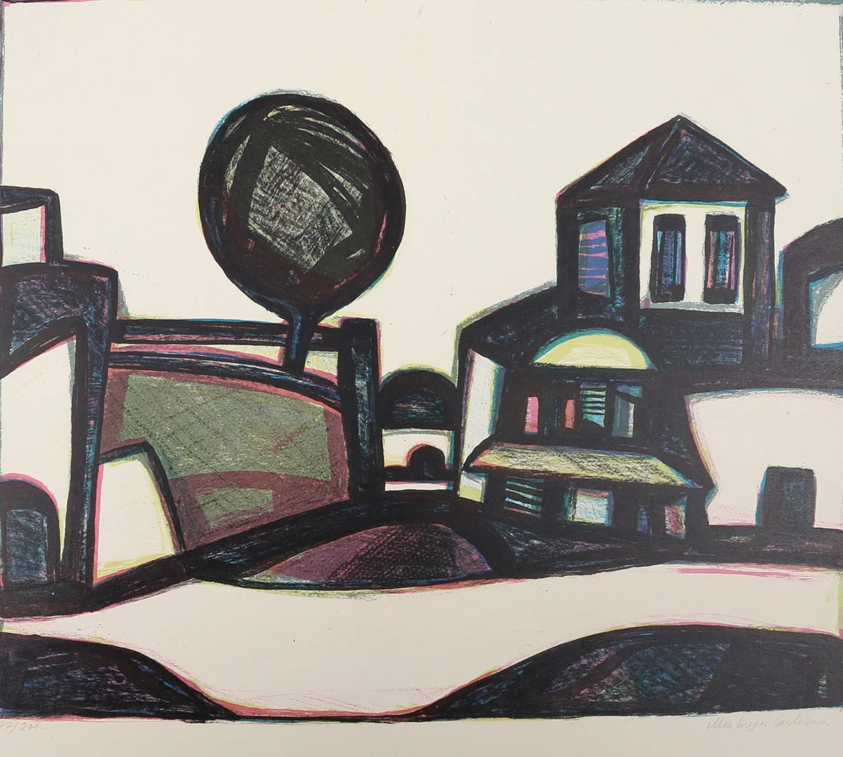 MAX GREGOR CARLSSON (1914-1996). Landskap med hus, färglitografi nr 177/200, signerad. — Engravings & Prints — Garpenhus Auktioner