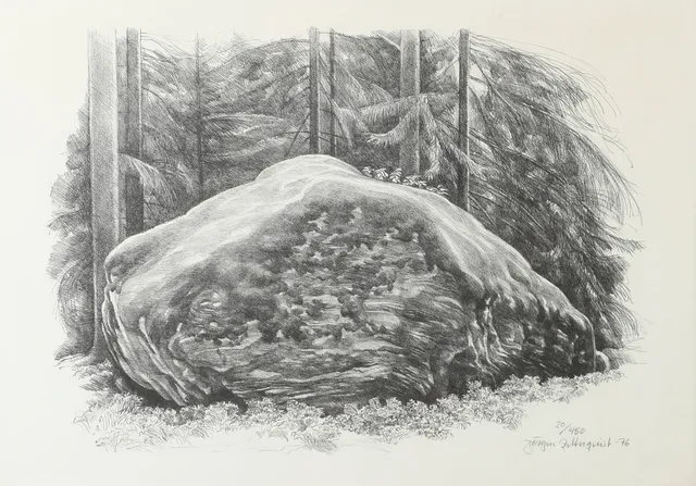 JÖRGEN ZETTERQUIST. Landskap med sten, litografi, signerad -76.