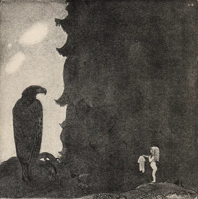 JOHN BAUER. Oskulden och Örnen, monogramsignerad JB i plåten, utgiven av Åhlén & Åkerlunds, Stockholm 1918, bibliofilupplaga, 106/200, mezzotypi.