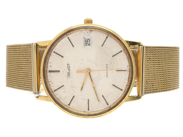 Armbandsur Tissot Seastar 18K i boett, Ø34mm, stållänk GANT, quartz, datum, skadad urtavla, graverad bakboett