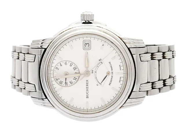 BUCHERER, Archimedes, Cal ETA 2892A2, Boett nr. 9035-507, herrur, 36 mm, stål, automatisk, safirglas (nagg), datum, 24-timmarsvisning, gångreservsindikator, skadad urtavla, defekt (akut servicebehov), skadad krona/kronhals, originallänk, viklås, längd 170 mm, ca 2000.
