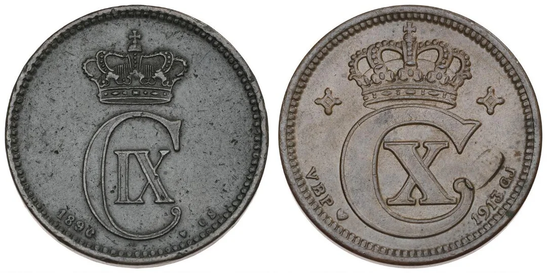 5 øre 1890 CS, H 17A; Christian X, 5 øre 1913 VBP, H 14A, in total 2 pcs — Coins, Medals & Banknotes/Denmark/Christian IX, 1863–1906 — Bruun Rasmussen