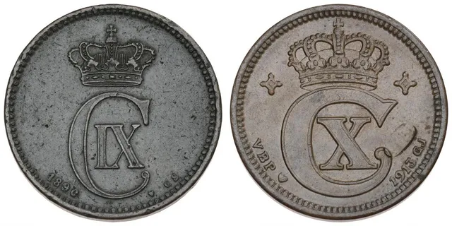 5 øre 1890 CS, H 17A; Christian X, 5 øre 1913 VBP, H 14A, in total 2 pcs