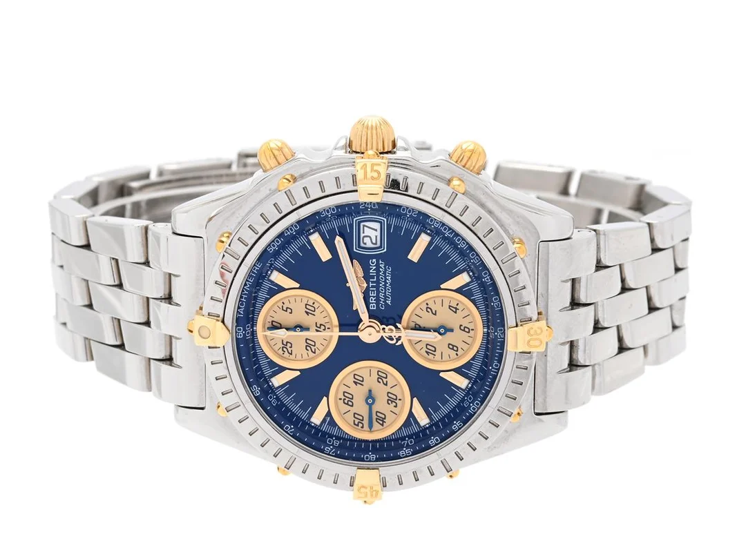 BREITLING, Chronomat, "Tachymetre", Cal 13 (ETA 7750), Serie nr. 134567, Ref nr. B13050.1, kronograf, herrur, 40,5 mm, bicolour, automatisk, safirglas, datum, Pilotlänk (stål), viklås, Ref nr. M2097, ca 1997, box. — Klockor/Breitling — Kaplans