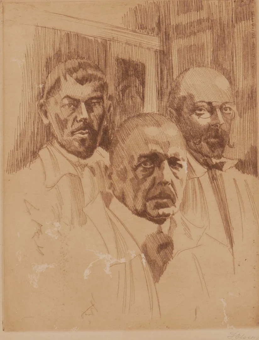 HELMER MASOLLE. Albert Engström, Anders Zorn, Carl Larsson. Etsning, etsning, signerad H. Olsson. — Engravings & Prints — Auktionsfirma Kenneth Svensson i Kalmar