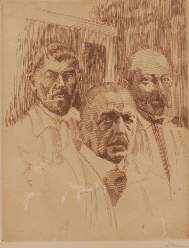 HELMER MASOLLE. Albert Engström, Anders Zorn, Carl Larsson. Etsning, etsning, signerad H. Olsson.