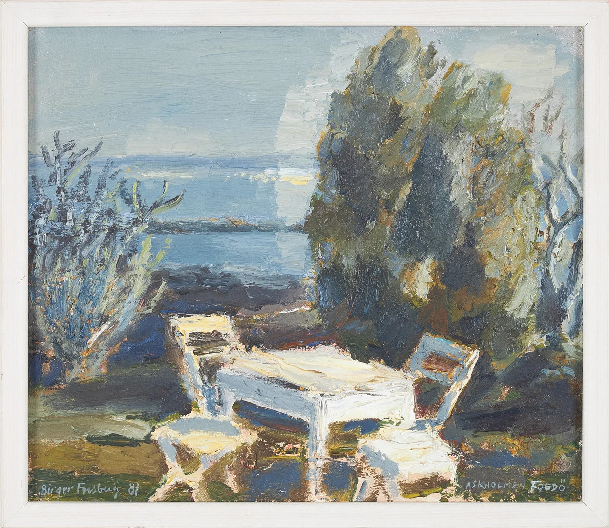 BIRGER FORSBERG (1922-2012). "Askholmen, Fogdö", olja på pannå, signerad och daterad -81. — Paintings — Stockholms Auktionsverk Sickla