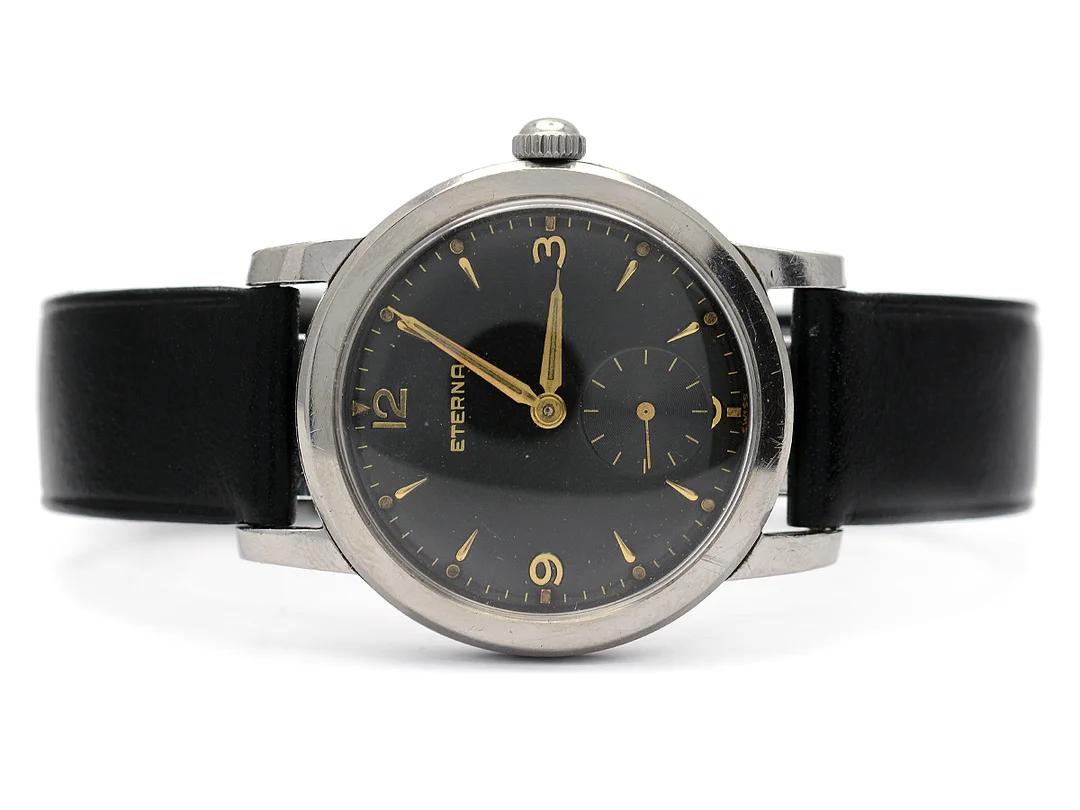 ETERNA, herrur, 33 mm, Boett nr. 3616231, stål, manuell, plexiglas, skadad urtavla, läderband, ca 1955. — Klockor/Eterna — Kaplans