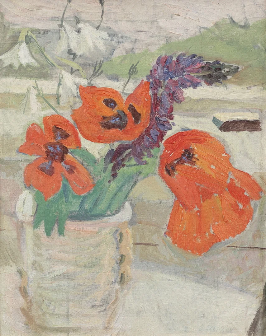OLLE AXELSSON. Blomsterstilleben, Olja på duk uppspänd på pannå, signerad. — Paintings — Växjö Auktionskammare