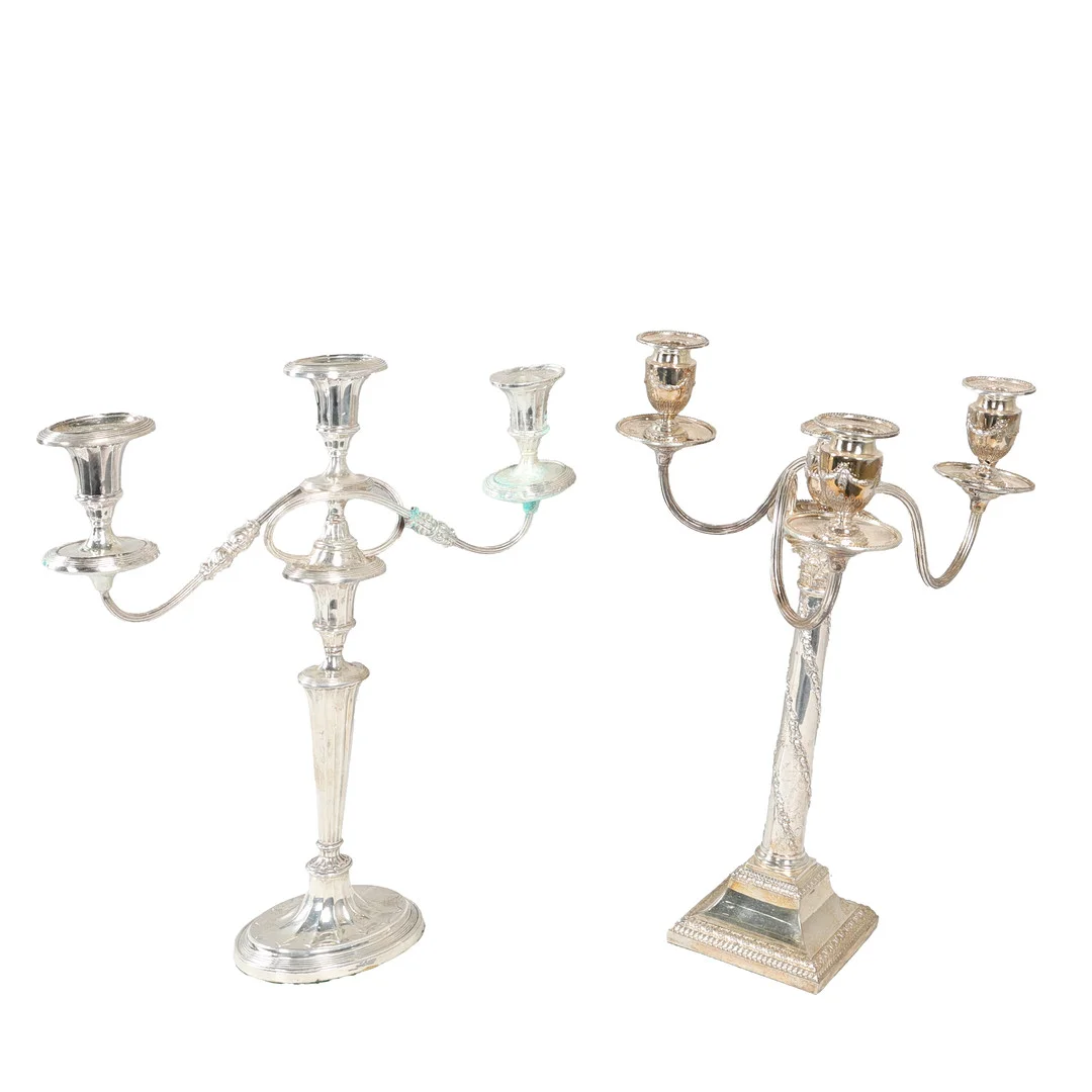 TWO SILVER PLATED CANDELABRAS (2). — Silver plated — Bishop & Miller