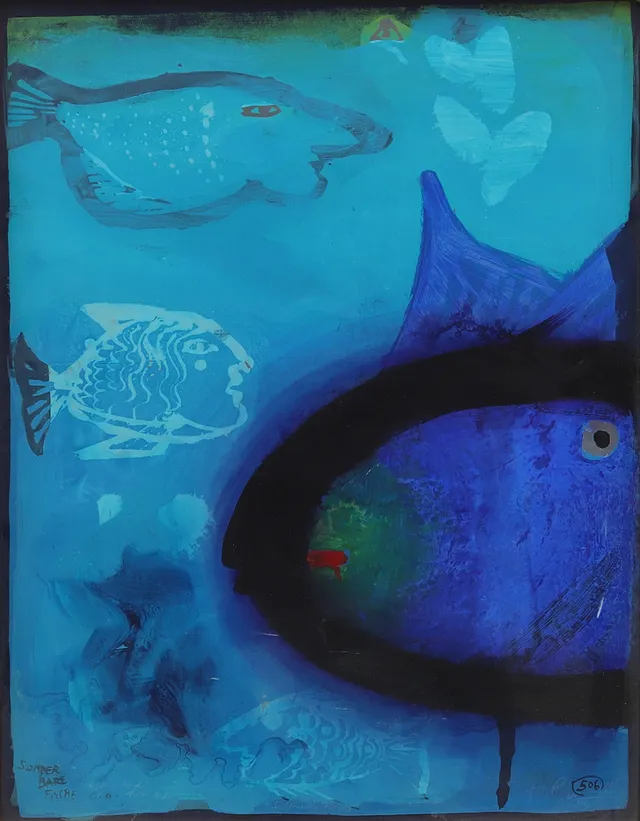 ADI HOLZER (ÖSTERRIKE/DANMARK FÖDD 1936). "Sonderbare Fische", akryl/serigrafi, signerad.