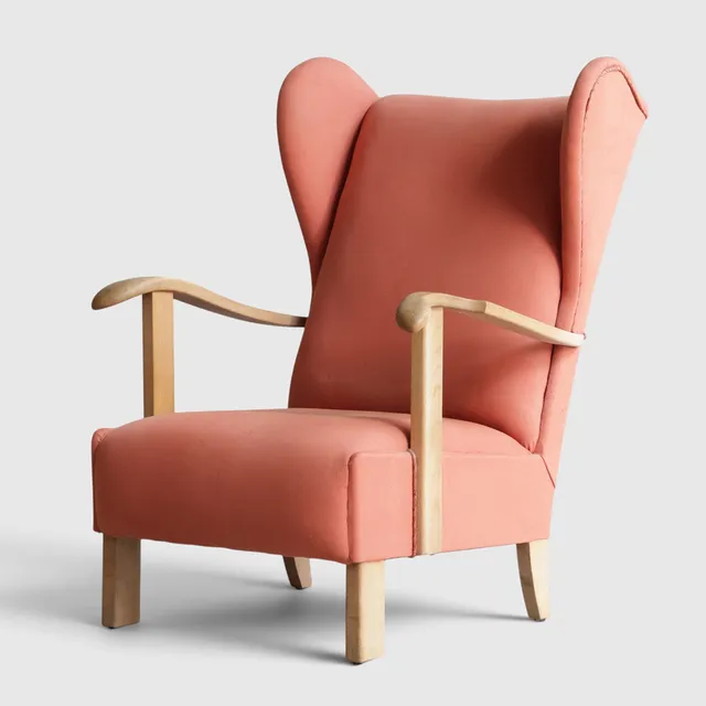 FRITZ HANSEN. Øreklapstol med stel af bøg, betrukket med uld. Udført hos Fritz Hansen, model '1582'. Danmark, 1940'erne.