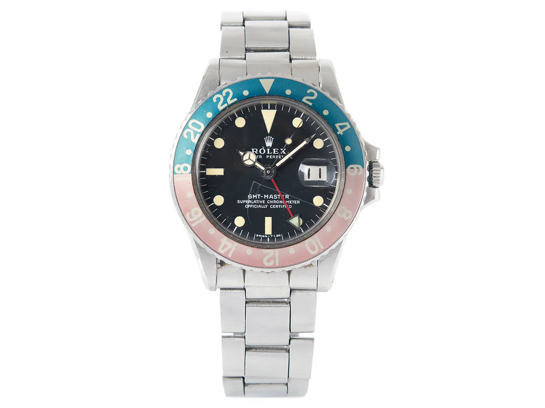 ROLEX, Oyster Perpetual, GMT-Master (Swiss-T<25), Chronometer, Ref nr. 1675, Serie nr. 2991666, Cal 1570, Verk nr. 072813, Boett nr. 1675, herrur, 39 mm, stål, automatisk, plexiglas, datum, defekt, 24-timmarsvisning, skadad bakboett, Oysterlänk (folded), viklås, Ref nr. 7836 1.72/280, tillverkad andra kvartalet 1971. — Klockor/Rolex — Kaplans