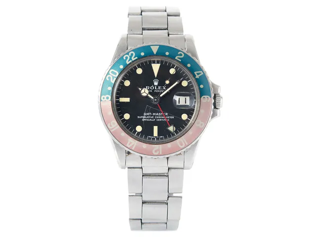 ROLEX, Oyster Perpetual, GMT-Master (Swiss-T<25), Chronometer, Ref nr. 1675, Serie nr. 2991666, Cal 1570, Verk nr. 072813, Boett nr. 1675, herrur, 39 mm, stål, automatisk, plexiglas, datum, defekt, 24-timmarsvisning, skadad bakboett, Oysterlänk (folded), viklås, Ref nr. 7836 1.72/280, tillverkad andra kvartalet 1971.