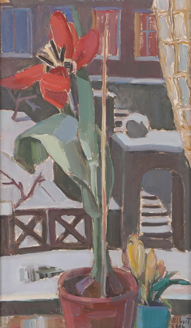 ALBERT ELDH. Blommor i fönstret, olja på pannå, signerad.
