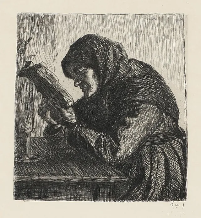 Anna Ancher: “Læsende gammle Kone”. Reading old woman. Opus 1. Signed and dated in print A. A. 96. Etching. Plate size 18.5×14.5 cm.