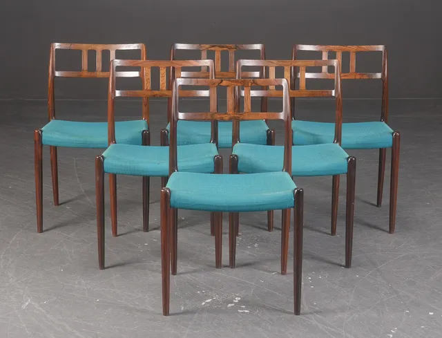 N. O. Møller. Six chairs in rosewood, model 79. (6)
