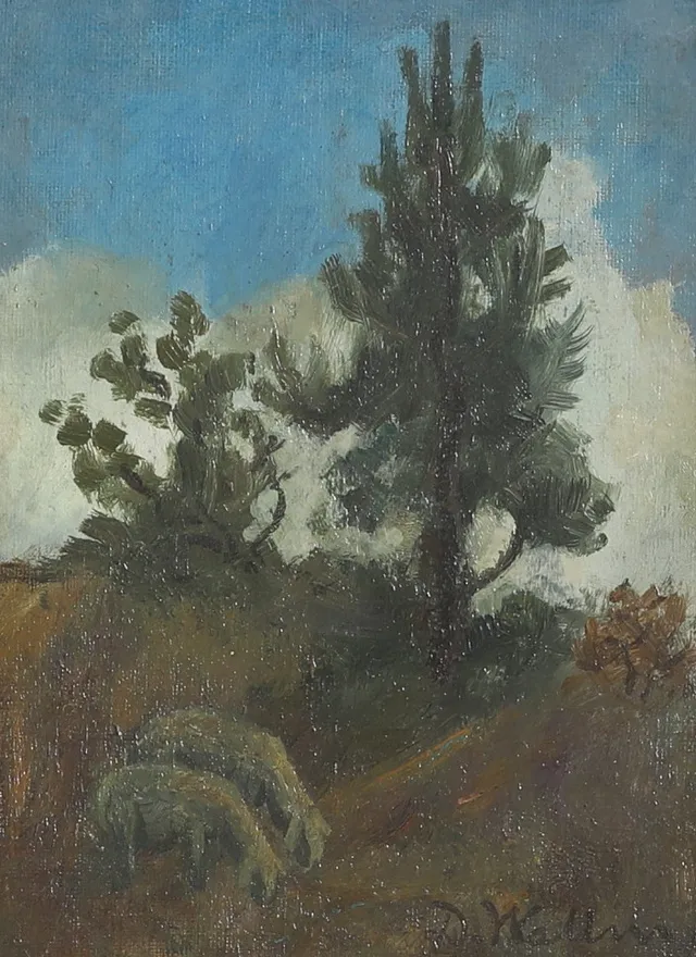 DAVID WALLIN. Olja på pannå, "Kil Närke 1906", signerad.