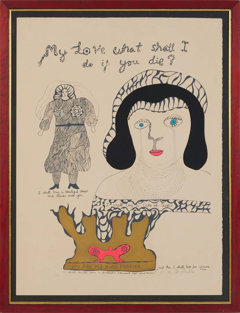 NIKI DE SAINT-PHALLE (1930-2002). " My love what shall I do if you die", färglitografi, signerad N. de St. Phalle, 7/115. — Engravings & Prints — Stockholms Auktionsverk Magasin 5