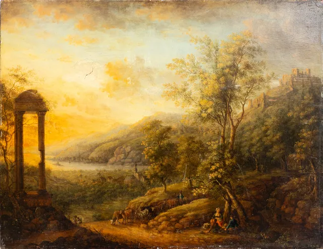 LANDSCHAFTSMALER DES 19. JAHRHUNDERTS. Pastorale Landschaft rastenden Wanderern und heimkehrendem Hirten.