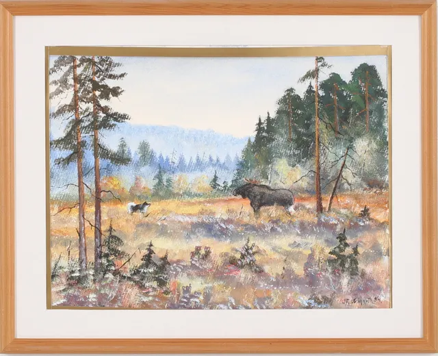 FINGAL WINROTH. Älg på myr, akvarell, signerad och daterad -84.