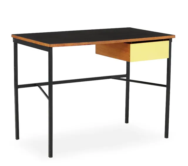 Desk with frame of black lacquered steel. Top with laminate. Front with drawer. Model CM174. Designed 1956. H. 72 cm. L. 97 cm. D. 54 cm.