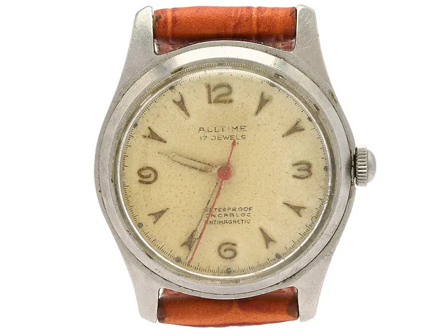 ALLTIME, herrur, 33 mm, stål, manuell, plexiglas, skadad urtavla, läderband, ca 1950.