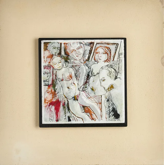 STIG GHYLFE (Hudiksvall 1925-2000 Glanshammar), ”De nyfikna”, 1982, signerad och daterad Ghylfe, -82, emaljmålning fäst på målad träplatta.