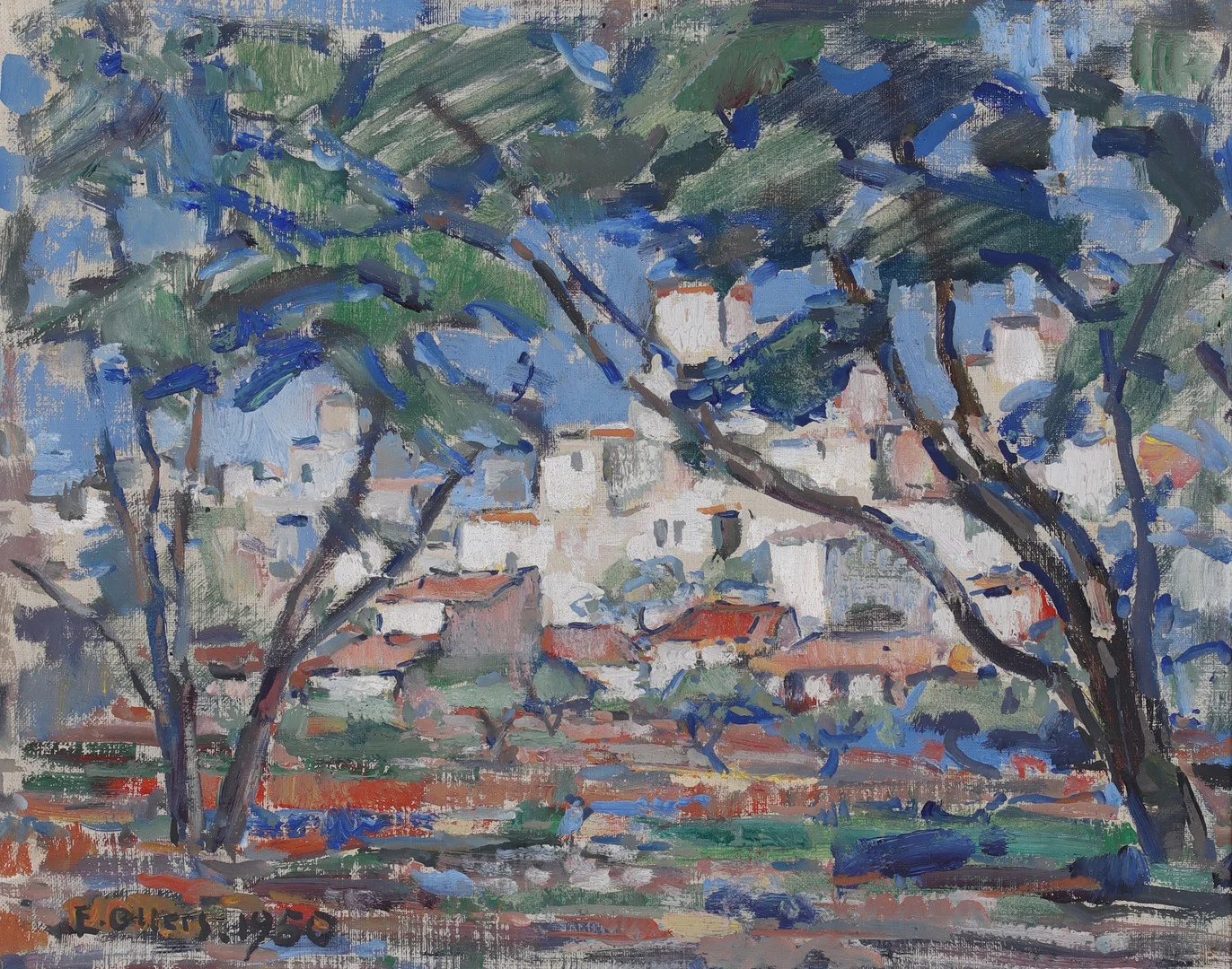 EDVIN OLLLERS. Sydländskt stadsmotiv, olja på pannå, signerad och daterad 1950. — Paintings — Stadsauktion Sundsvall