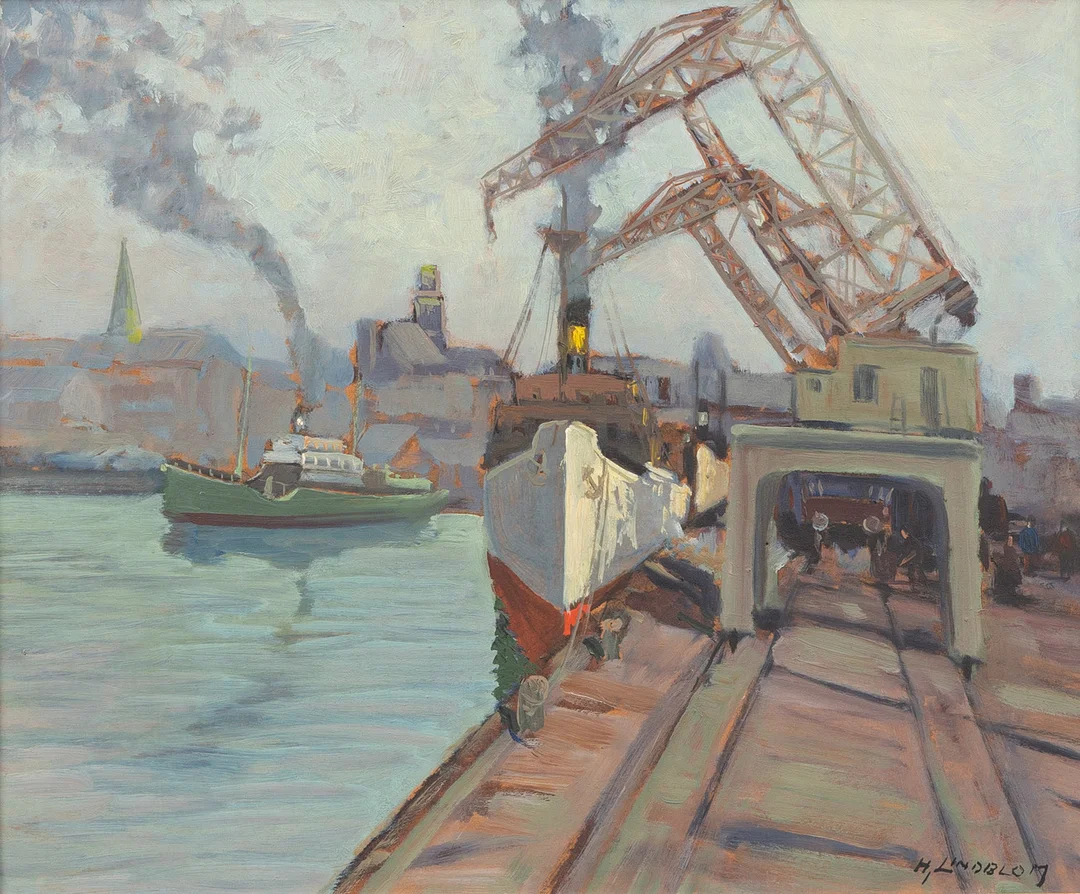 HJALMAR LINDBLOM. Malmö hamn, olja på pannå, signerad och daterad 1947. — Paintings — Garpenhus Auktioner