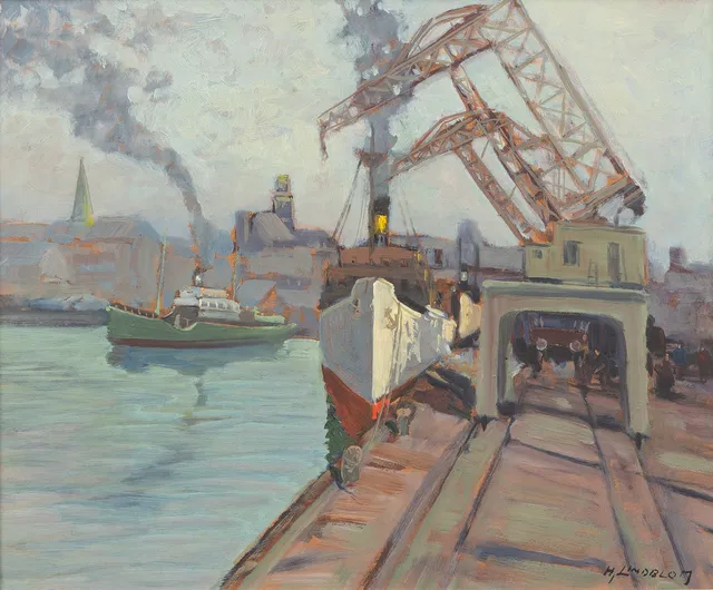 HJALMAR LINDBLOM. Malmö hamn, olja på pannå, signerad och daterad 1947.