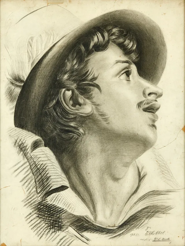 ERNST EMIL HEBBEL (1871 - 1938). Man i hatt, signerad "E. Hebbel", daterad 1885, blyerts.