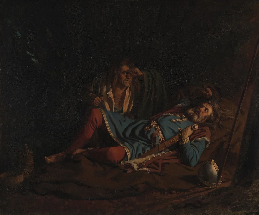 Arbo, Peter Nicolai — Karp dreper Haakon jarl, 1859 — Kunst/Maleri — Blomqvist