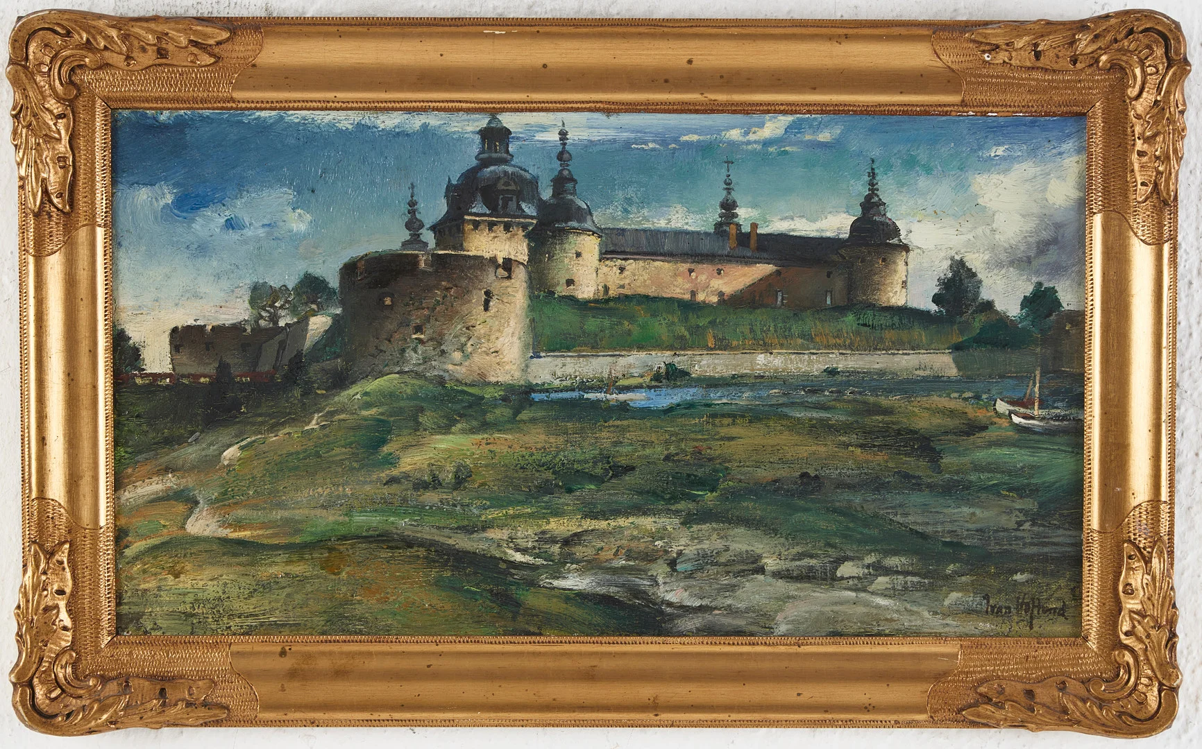 IVAN HOFLUND. Kalmar slott, olja på pannå, signerad. — Paintings — Stockholms Auktionsverk Magasin 5