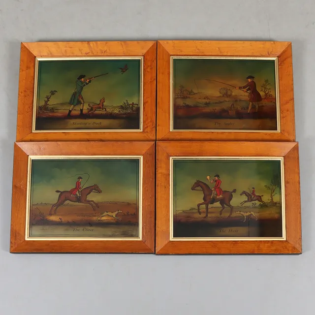 OIDENTIFIERAD KONSTNÄR. 4 st, jaktmotiv, glas, 1900-talets andra hält.