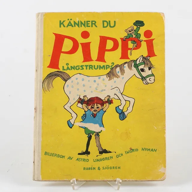 ASTRID LINDGREN. Bok, "Känner du Pippi Långstrump?", 1:a upplaga, Ingrid Nyman, Rabén & Sjögren, Stockholm 1947.