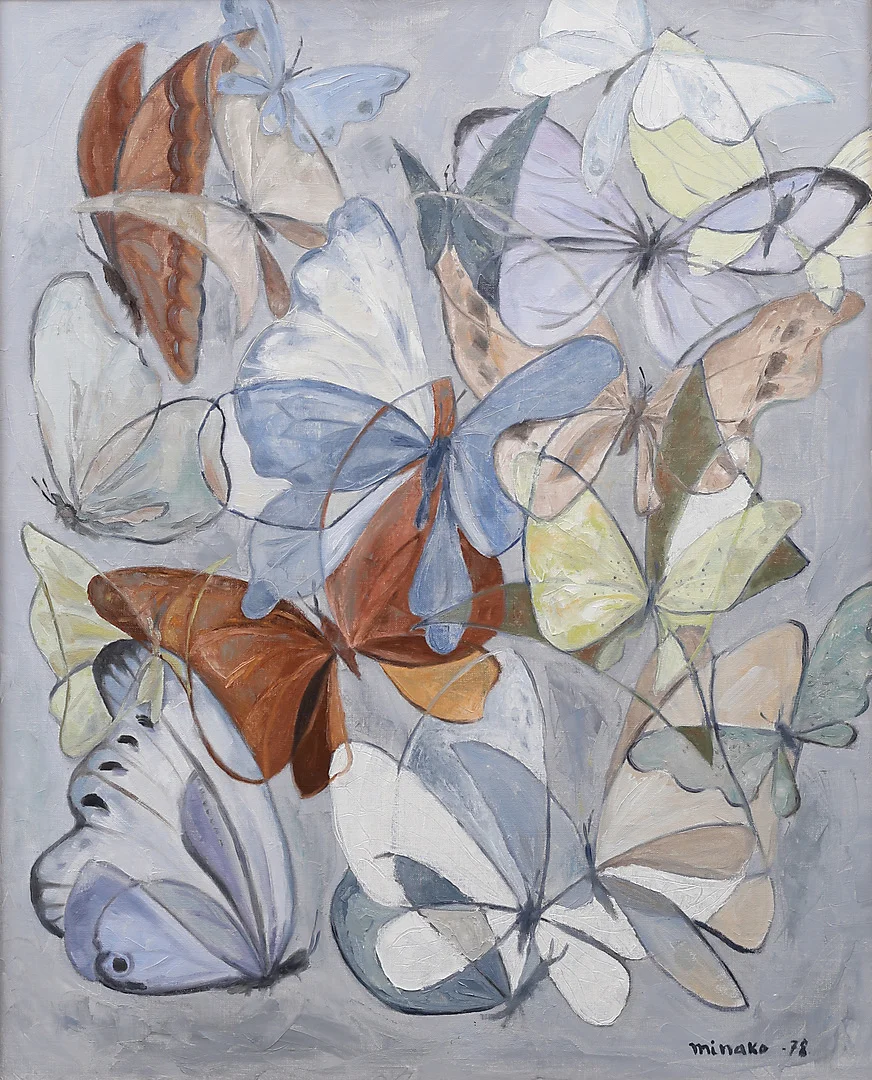 MINAKO MASUI. Fjärilar, olja på duk, signerad Minako och daterad -78. — Paintings — Garpenhus Auktioner