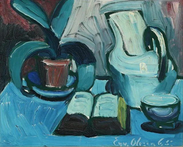 Still life. Signed Eyv. Olesen 65. Oil on canvas. 33×41 cm.