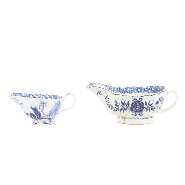 AN 18TH CENTURY BOW SAUCEBOAT TOGETHER WITH ANOTHER (2).