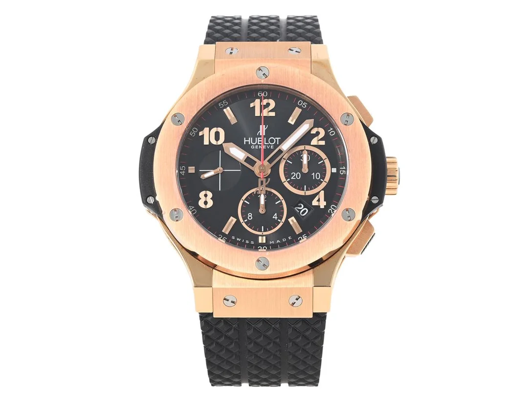 HUBLOT, Big Bang, Cal HUB 4100 (ETA 7750), Ref nr. 301.PX.130.RX, Boett nr. 882383, kronograf, herrur, 44 mm, 18K rosa guld/kevlar, automatisk, safirglas, datum, glasbaksida, innerboett i titan, integrerat gummiband, viklås i svart stål (PVD)/18K rosa guld, cert, november 2013, box, ytterkartong. — Klockor/Hublot — Kaplans