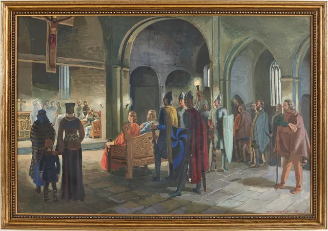 ARVID FOUGSTEDT. medeltida scen, duk uppfodrad på pannå, signerad och daterad 1937.