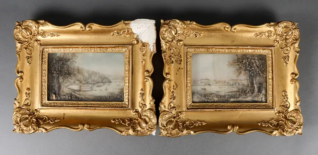 SIDENMÅLNINGAR / DIORAMAN 2 stycken, 17/1800-tal.