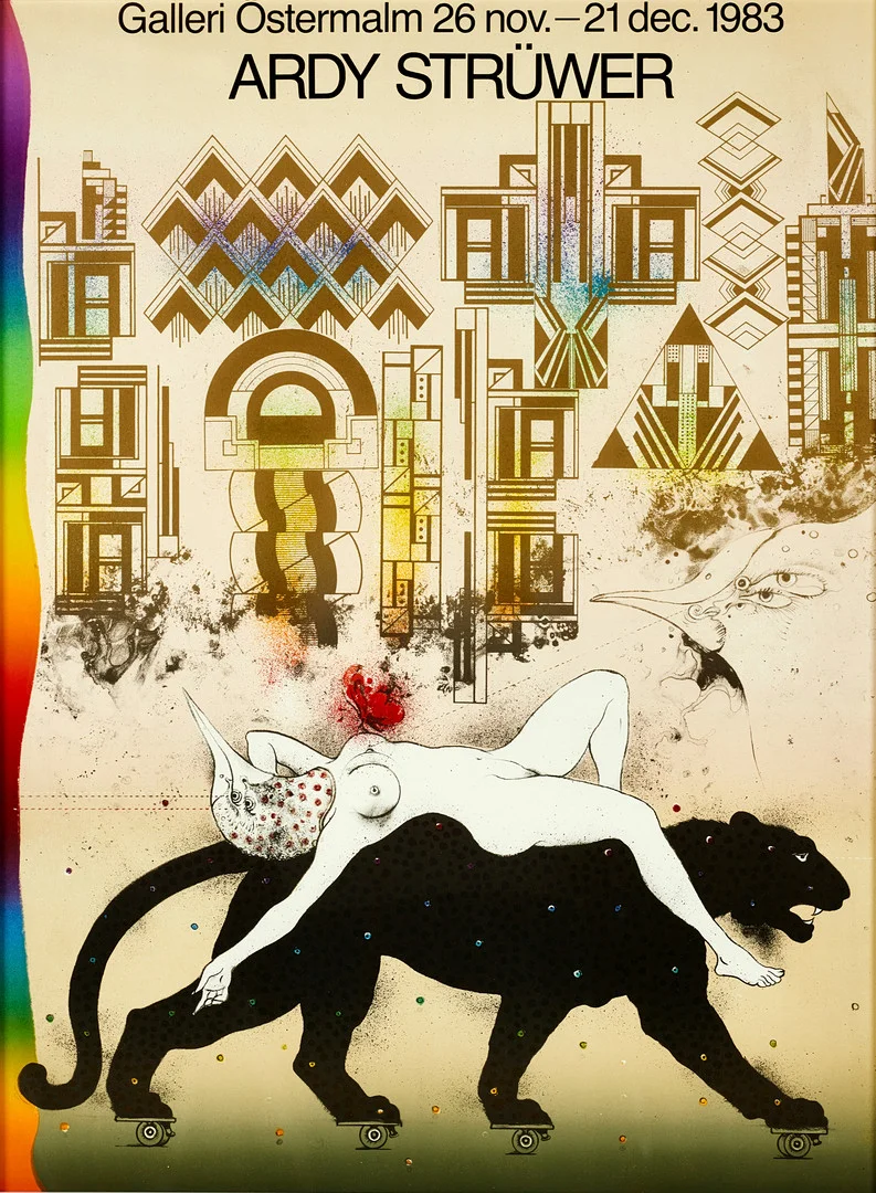 ARDY STRÜWER (1939-2023). "Art-Deco dreamhunter", Galleri Östermalm 1983, utställningsaffisch, litografisk. — Engravings & Prints — Crafoord Auktioner Stockholm