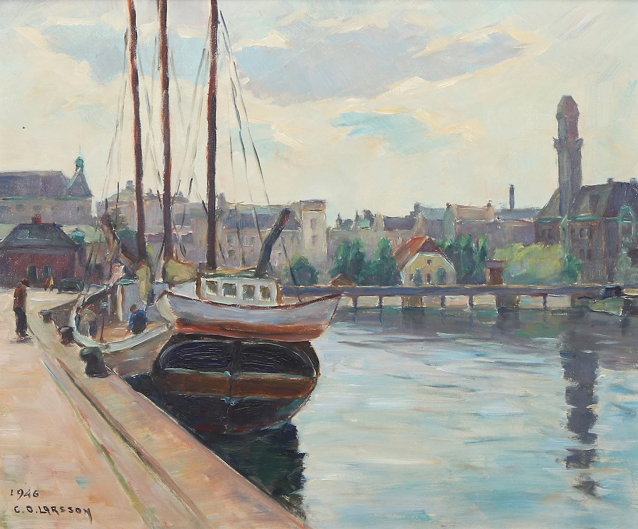 CARL OSCAR LARSSON. Oljemålning på pannå. Motiv från Malmö. Signerad och daterad 1946. — Paintings — Skånes Auktionsverk