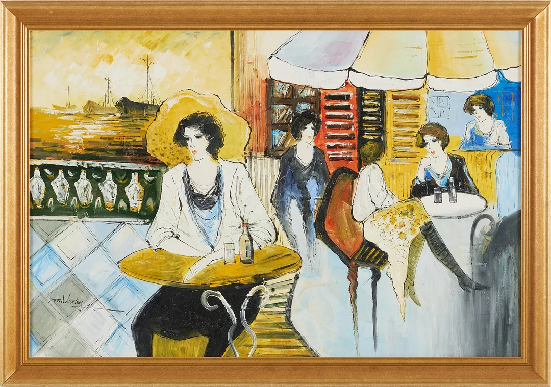 MARY VARLEY (1969). Caféscen, akryl på duk, signerad. — Paintings — Stockholms Auktionsverk Magasin 5