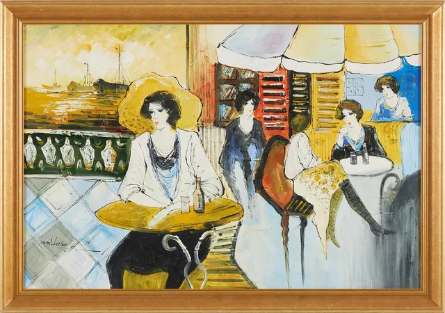 MARY VARLEY (1969). Caféscen, akryl på duk, signerad.
