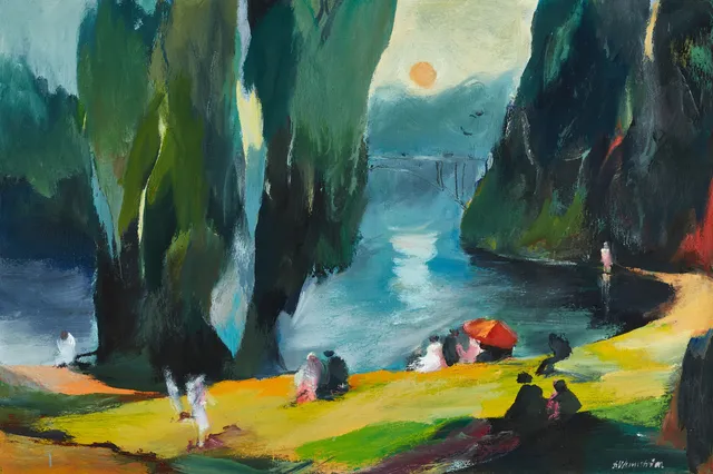 BERNDT WENNSTRÖM (född 1945). "Långholmen" - Vy över Västerbron, signerad B.Wennström, olja på duk.