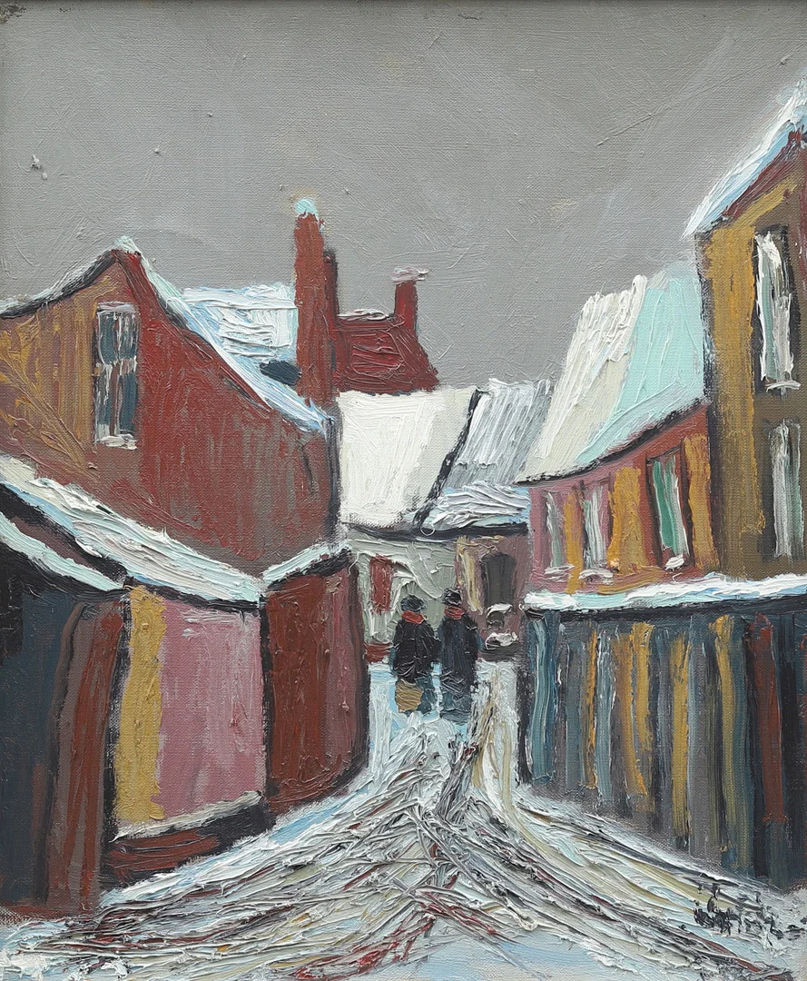 KAI CHRISTENSEN (FÖDD 1918). Bygata i snö, olja på duk, otydligt signerad. — Paintings — Garpenhus Auktioner