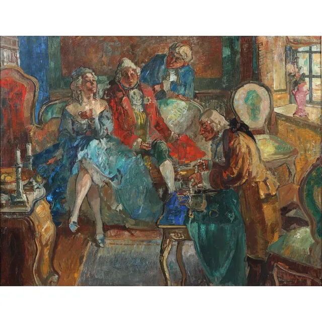 LUDVIG JACOBSEN (1890-1957). "Den pantsatte bondedreng", olie på lærred.