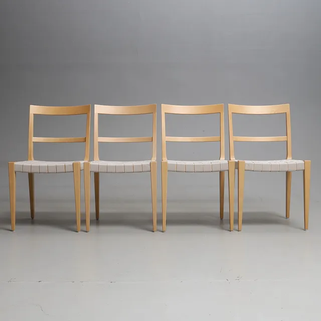 BRUNO MATHSSON. Stolar, 4 st, "Mimat", björk, sits i sadelgjord, brännmärkta.